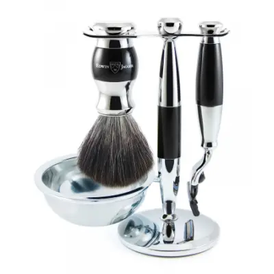 4 Piece - Mach 3 Shaving Set Ebony - Synthetic Shaving Brush