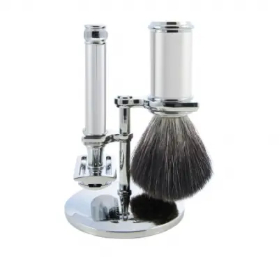 Chrome Shaving Set Doble Edge Razor - Shaving Brush Synthetic Fibre