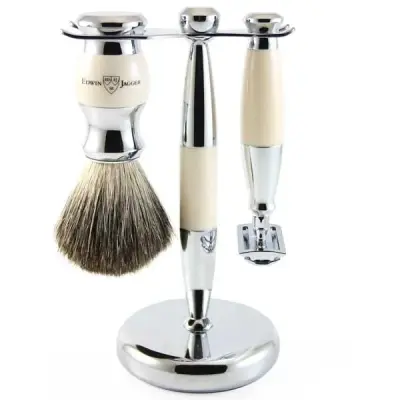 Edwin Jagger 3pc Ivory Shaving Set DE Razor Pure Badger