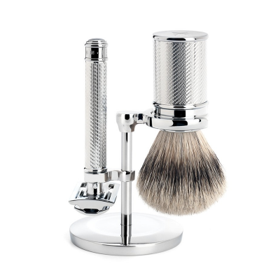 Mühle Rakset med DE-Rakhyvel, Silvertip Badger + Ställ (Chrome silver)