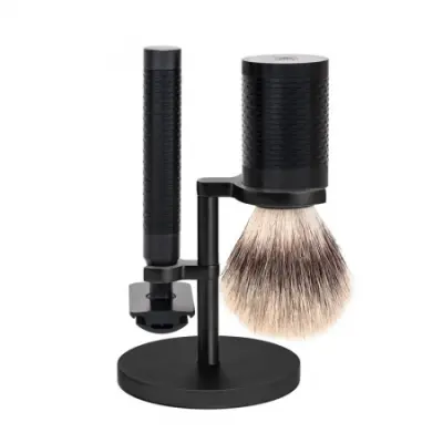 ROCCA Jet Black Stainless Steel Shaving Set Silvertip Fibre