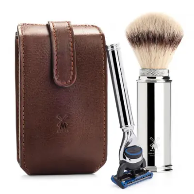 Brown Travel Shaving Set Fusion Chrome - Silvertip Fibre