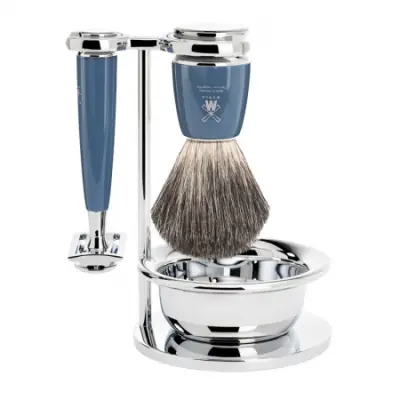 RYTMO Safety Razor Shaving Set Pure Badger Resin Petrol Blue with Bowl